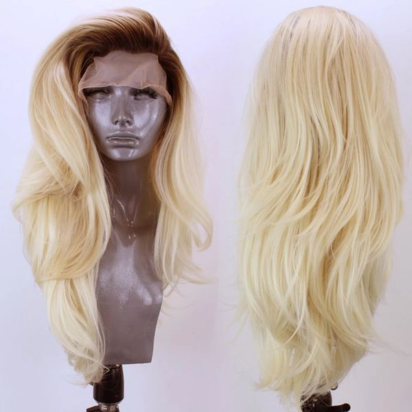 

180% density body wave ombre blonde wig simulation human hair lace front synthetic wigs with dark roots for women, Black