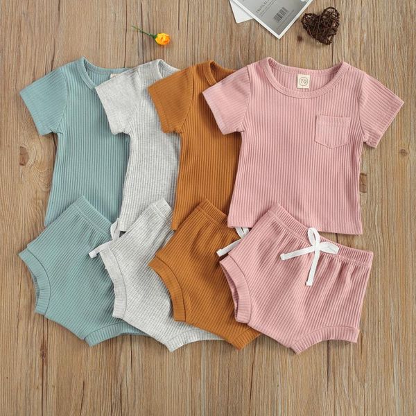 

clothing sets 2021 summer born baby 2-piece outfit set short sleeve ribbed cotton solid color +shorts clothes for kids boys girls, White