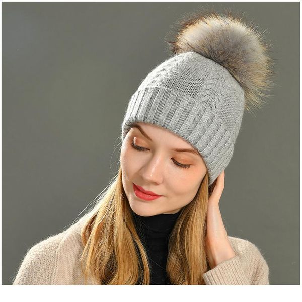 

winter real raccoon fur pom pom hat women ladies wool knitted cap with big fluffy fur pompom wool cashmere angora fu jllxqx