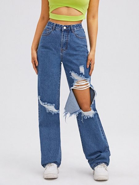 

high waist ripped straight leg jeans r3oh#, Blue