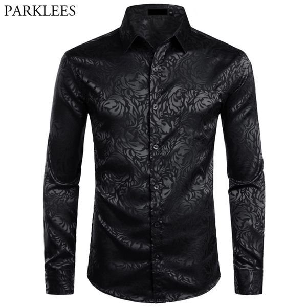 Homens Floral Vestido Preto Camisas Elegante de Manga Longa Steampunk Camisa Menu Party Club Bar Camisa Social Chemise Masculino Homme 210708