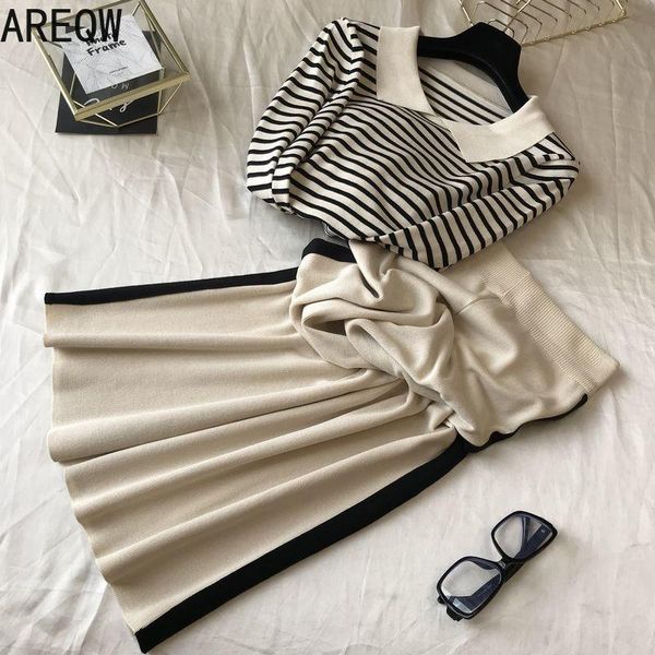 

women's two piece pants 20211 spring autumn korean classic striped long-sleeve knitwear + leisure suit 2 outfits for women, White