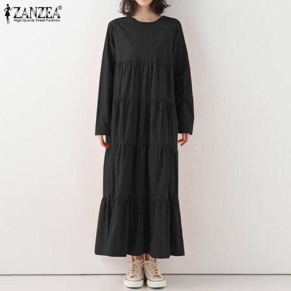 

casual dresses zanzea stylish solid ruffle dress women's autumn sundress bohemian causal long sleeve maxi vestidos female hollow robe o, Black;gray