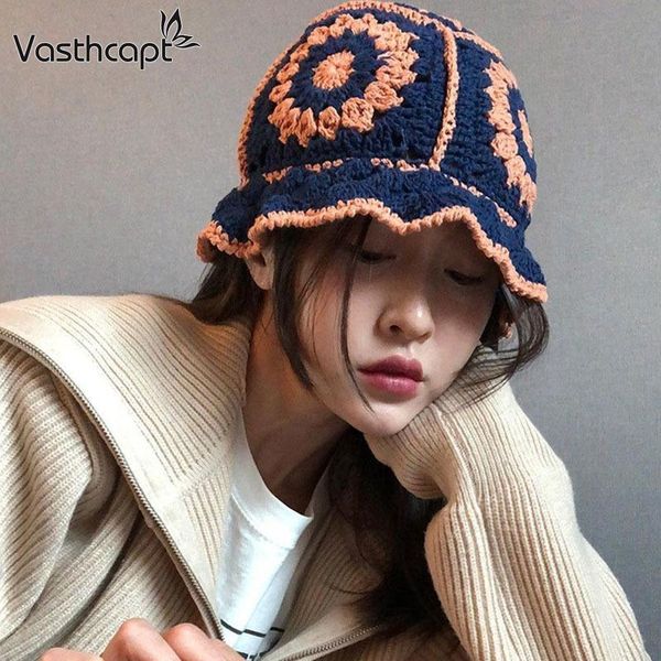 

wide brim hats fashion summer hollow crochet flower fisherman hat women version sunscreen sun visor knitting cap breathable knitted, Blue;gray