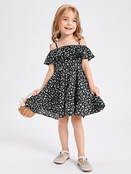 

toddler girls ditsy floral print cold shoulder dress she, Red;yellow