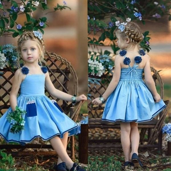 

2021 summer pleated suspender dress for kids girls sleeveless princess dresses designers denim blue skirt with pocket 80-120cm cloth h230w96, Red;yellow