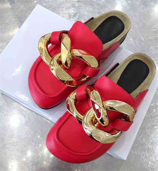 

70% off wholesale sandals flip-flops gold chain decor round toe flat mules lazy loafers shoes women's outdoor genuine leather casual sl, Black