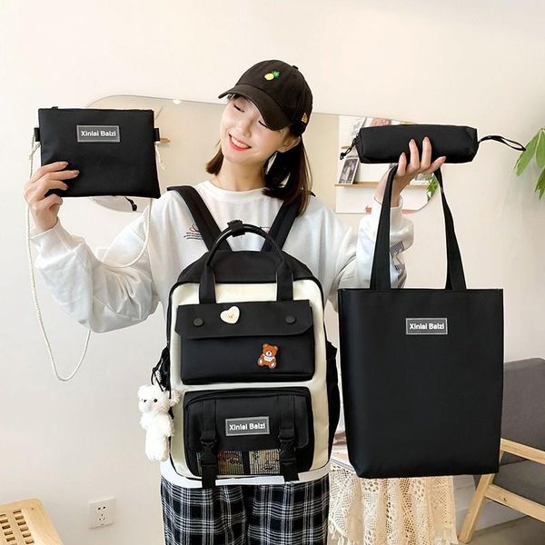 

backpack 4 pcs/set color block student lapgirls rucksack with pendant women's shoulder bag coin purse children pencil case