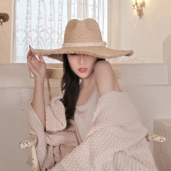 

wide brim hats female spring/summer beach vacation is prevented bask in hat lafite grass burrs tassel straw for women, Blue;gray
