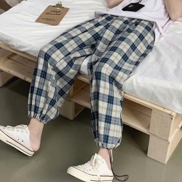 

monerffi plaid casual korean women pants man loose ankle length trousers harajuku streetwear female male clothing, Black