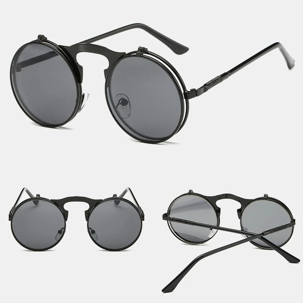 

retro metal punk steam flip sunglasses hipster sunglasses fashion style for men women, Black