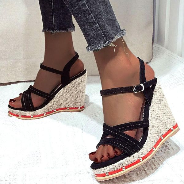 

sandals 2022 straw platform bohemia style summer vacation comfy wedges high heels ankle strap leisure woman shoes plus size 50, Black