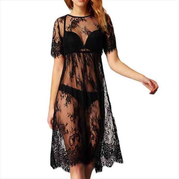 

lace summer transparent casual sleeve women dresses beach o neck see through vestido, Black;gray