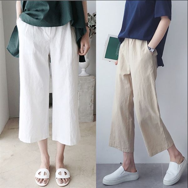 

korean version of the style cotton and linen wide-leg pants women's solid color thin casual loose cropped women 211007, Black;white