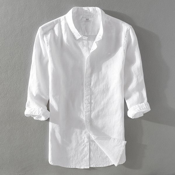 

2021 new pure linen three-quarter loose casual white men shirt summer classical style flax shirts male camisa -3xl 3tqz