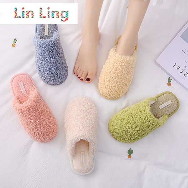 

winter indoor women fur half slippers warm plush bedroom fuzzy flat ladies shoes indoor solid chic fuzzy women slippers, Black