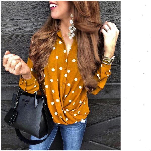 

women dot printed blouse long sleeve spring casual turndown collar button shirt loose shirts roupa feminina ey, White