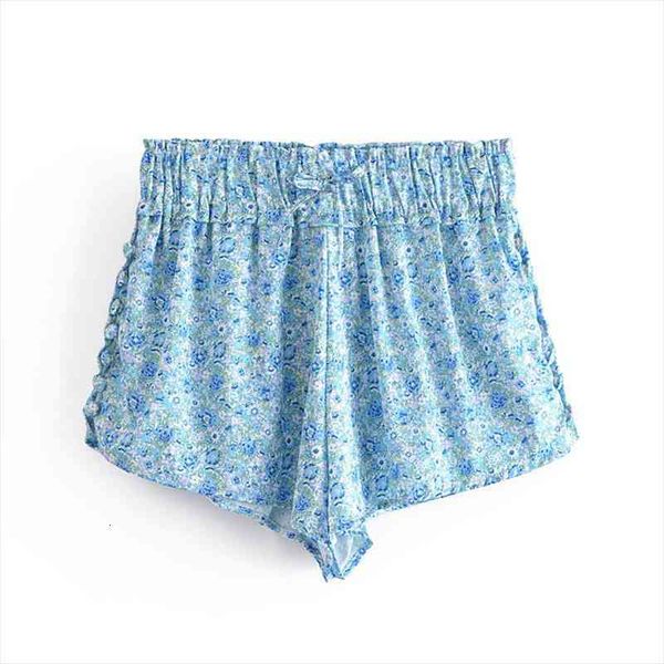 

blue sweet floral print women shorts side button elastic high waist casual short pants female summer pantalones cortos, White;black