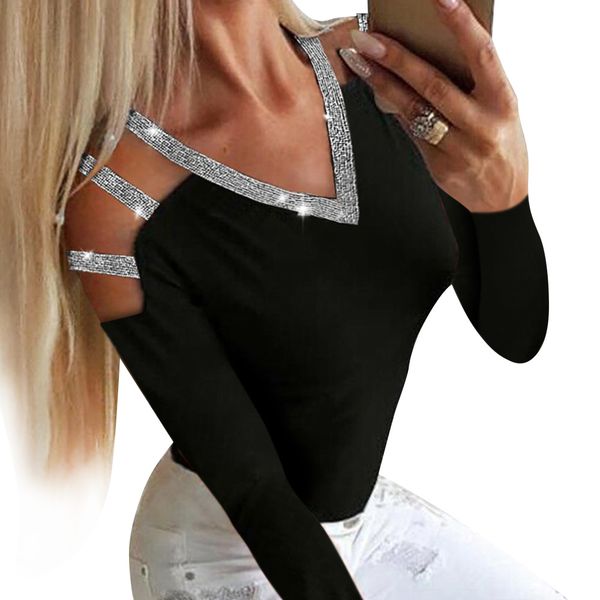 

women blouse and autumn hollow out off shoulder v-neck drilling shirts for ladies fashion long sleeve female blusas 210302, White