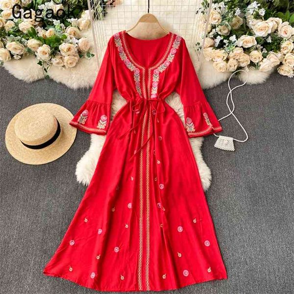 

dresses for women spring autumn v-neck floral embroidery beach style midi dress loose fashion chic wild vestidos 210531, Black;gray