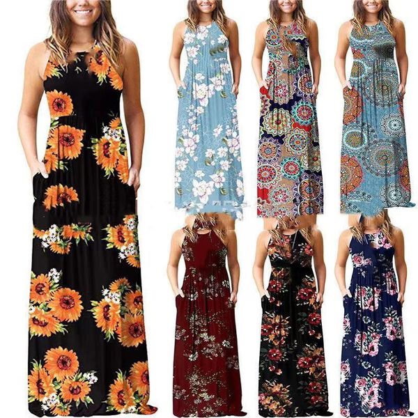 

casual dresses summer fashion sleeveless waist close printing dress, women's round neck vest, and comfortable dress, Black;gray
