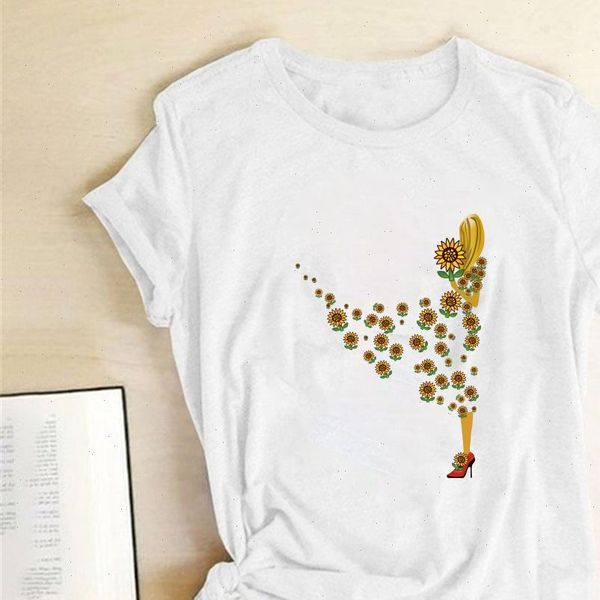 

lady sunflowers skirt printing t shirts women clothes summer shirts for women loose graphic tee aesthetic o neck camisetas mujer, White
