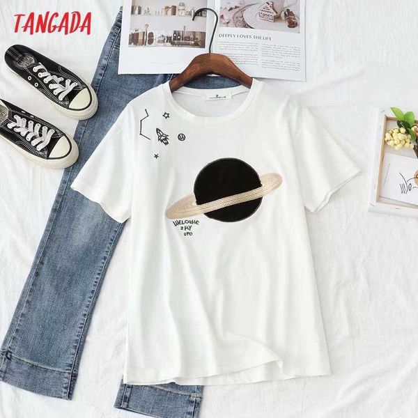 

tangada women print beading emboridery t shirt short sleeve o neck tees ladies casual tee shirt street wear bao51 210609, White