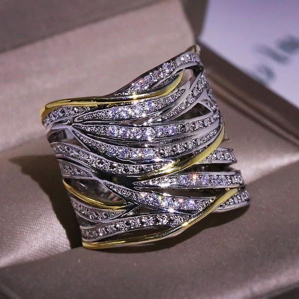 

wedding rings silver gold big band wing feather ring for women engagement fashion jewelry with zircon stone 925 2021, Slivery;golden