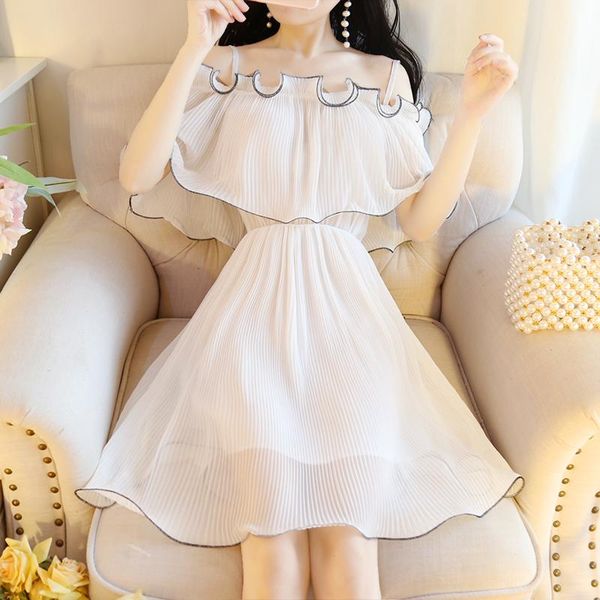 

casual dresses sweet korean chiffon pleated ruffles slash neck women summer party dress solid retro office wear white, Black;gray