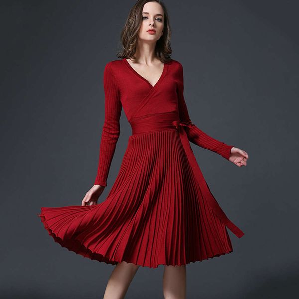 

spring and autumn wear slim sleeve v-neck pleated knitted dress women's long skirt, Black;gray