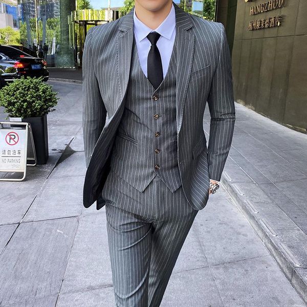 

spot suit men's three piece suit korean striped wedding business sjt108, Gray