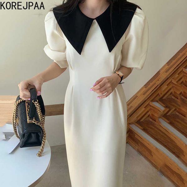 

korejpaa women dress summer korean fashion chic elegant commute lapel bump color folds waist slim open fork long dresses 210526, Black;gray