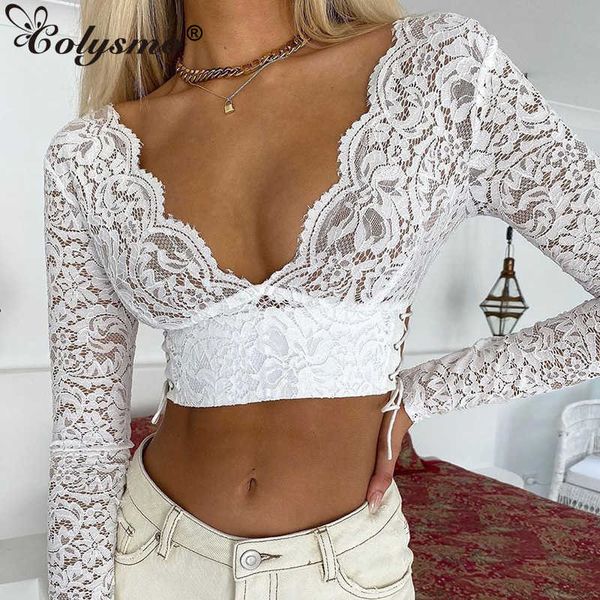 

colysmo long sleeve women lace drawstring v neck tie up crop blouse womens autumn clothes fashion streetwear 210527, White