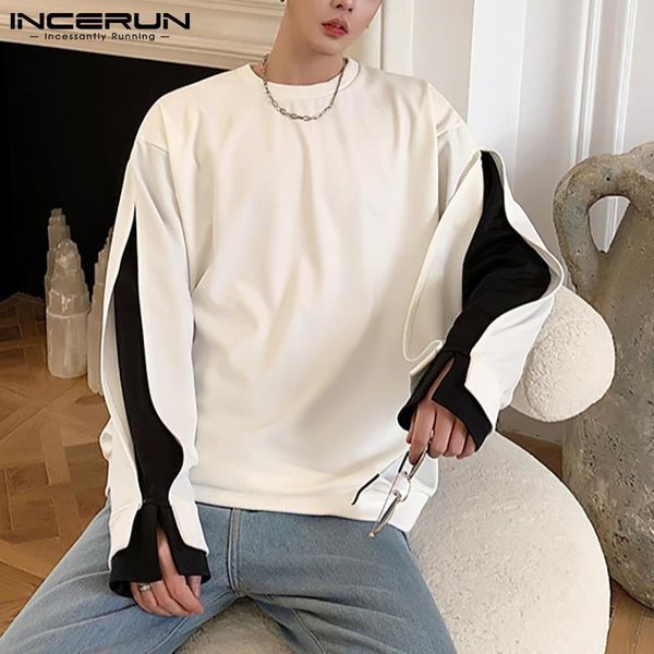 

men's hoodies & sweatshirts men patchwork round neck long sleeve casual pullovers 2021 streetwear korean fashion loose incerun s-5xl, Black