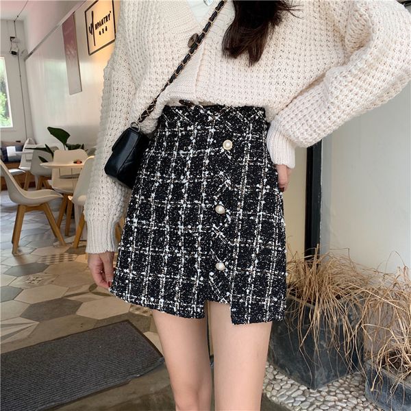 

2021 new vintage plaid tweed skirts thicken women winter elegant single-breasted short mini high waist female a-line skirt zm9v, Black