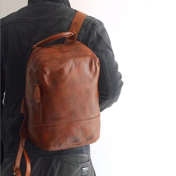 

backpack 100% genuine vegetable tanned leather backpacks vintage brown bags male female fashion