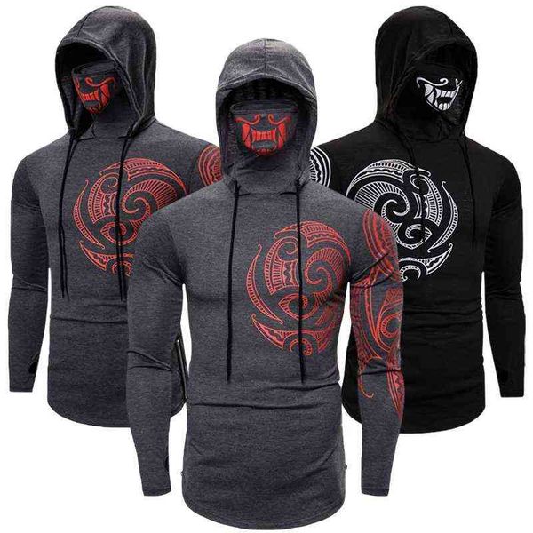 

men hood sweatshirt elastic fitness tattoo print hooded sweat homme mens hip hop ninja suit streetwear w220221, Black