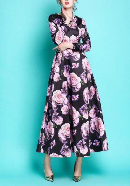 

casual dresses ol print floral dress 2021 spring autumn women's o neck long lady thicken s-3xl, Black;gray