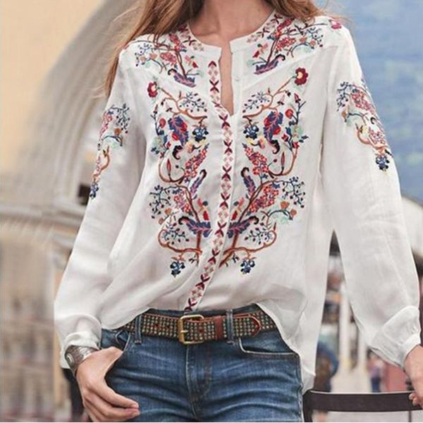 

women bohemian clothing blouse shirt vintage printed ladies blouses blusa feminina long sleeve shirts for women clothes, White