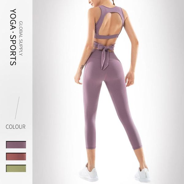 

solid tracksuit set women high stretchy seamless bowknot two piece set women yoga gym sports bra and leggings outfits for, White;red