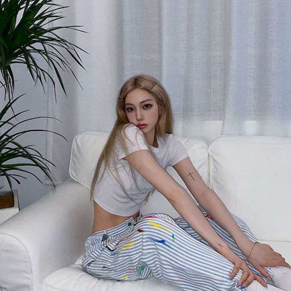 

loose straight-leg pants original handmade ink vertical striped trousers white drape street casual tr 210526, Black;white