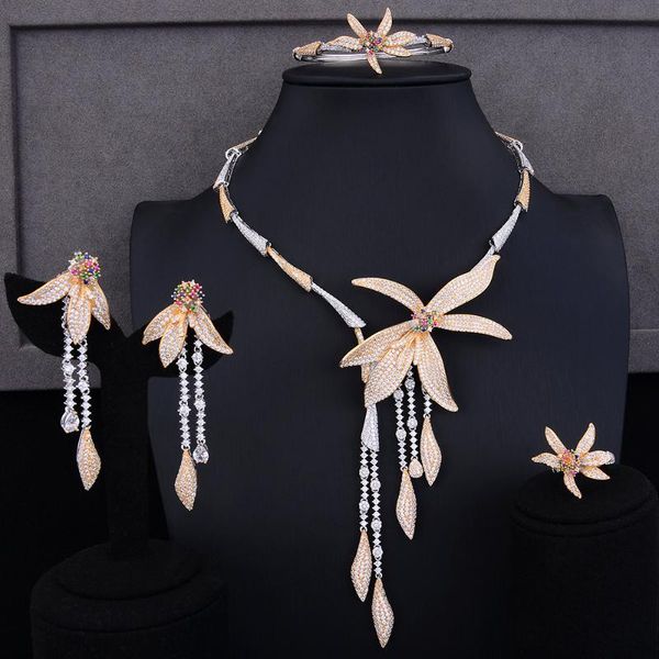 

earrings & necklace siscathy luxury charm statement daffodil blooming flowers jewelry sets cubic zirconia bangle ring, Silver