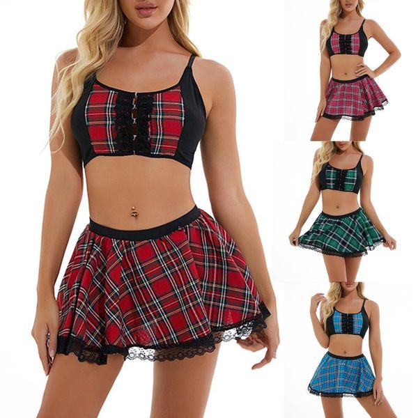 

work dresses autumn 2021 women lace plaid print with short lingerie pajama set dress ruffles 2pc outfit underwear sleepwear #t2g 5922, White;black