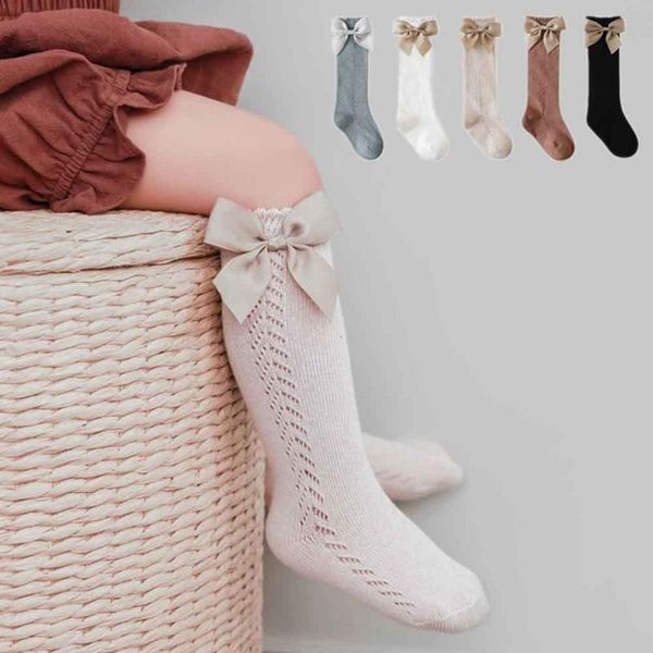 

socks 2021 spring baby girls knee high with bow spanish style toddlers tube sock kids hollow out infant princess socken, Pink;yellow