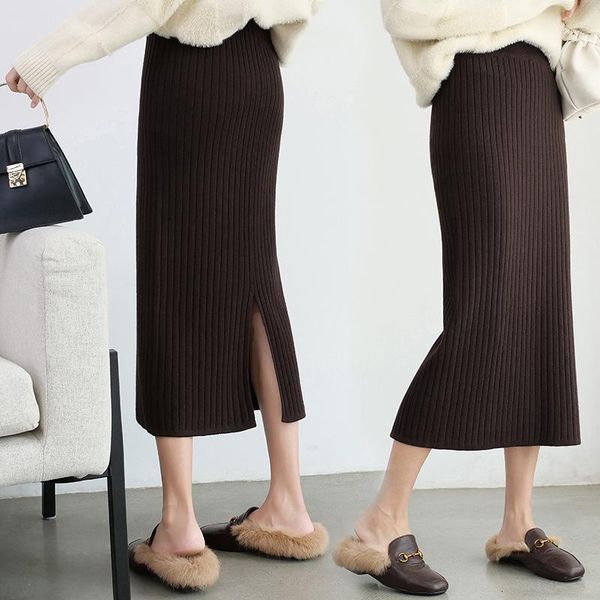 

fashion skirts women 70-80cm elastic band women skirts autumn winter warm knitted straight skirt ribbed mid-long solid vintage1, Black