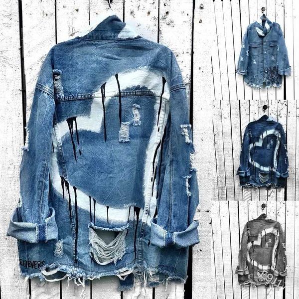 

large new women's fashion hole denim jacket peach heart coat, Gray;blue