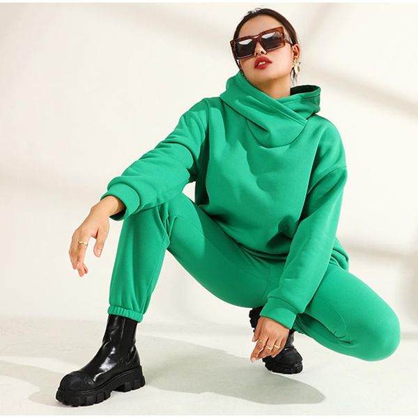 

women's two piece pants women solid fleece tracksuit and hooded jogger set 2021 autumn winter female oversized casual sportswear suit, White
