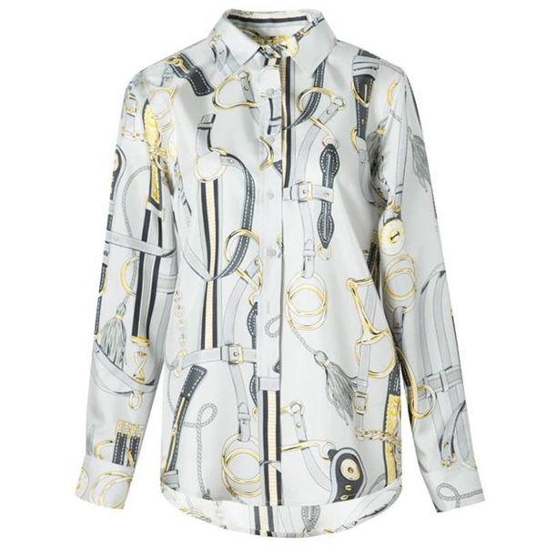 

women's blouses & shirts 2021 real silk spring turn-down collar 100% mulberry women long-sleeve print  l xl, White