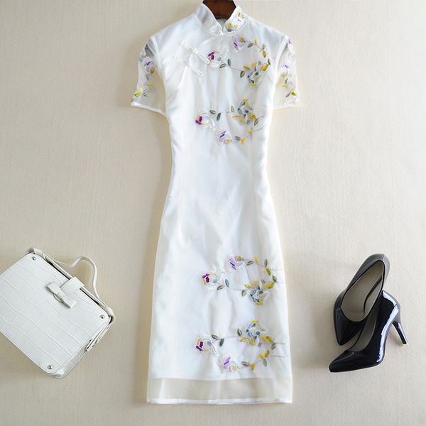 

luxury casual dresses elegant medium length women's with air embroidery improved organza cheongsam drs in summer, Black;gray