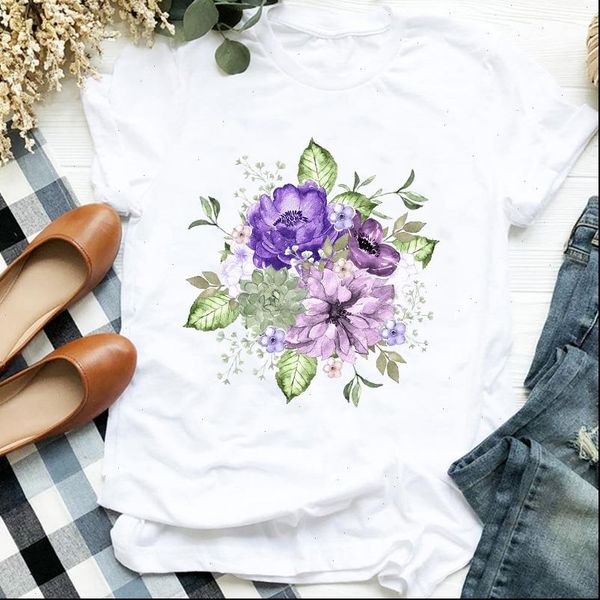 

women lady fashion 90s office work style flower floral printing t tee womens tshirt female shirt clothes graphic t shirt, White